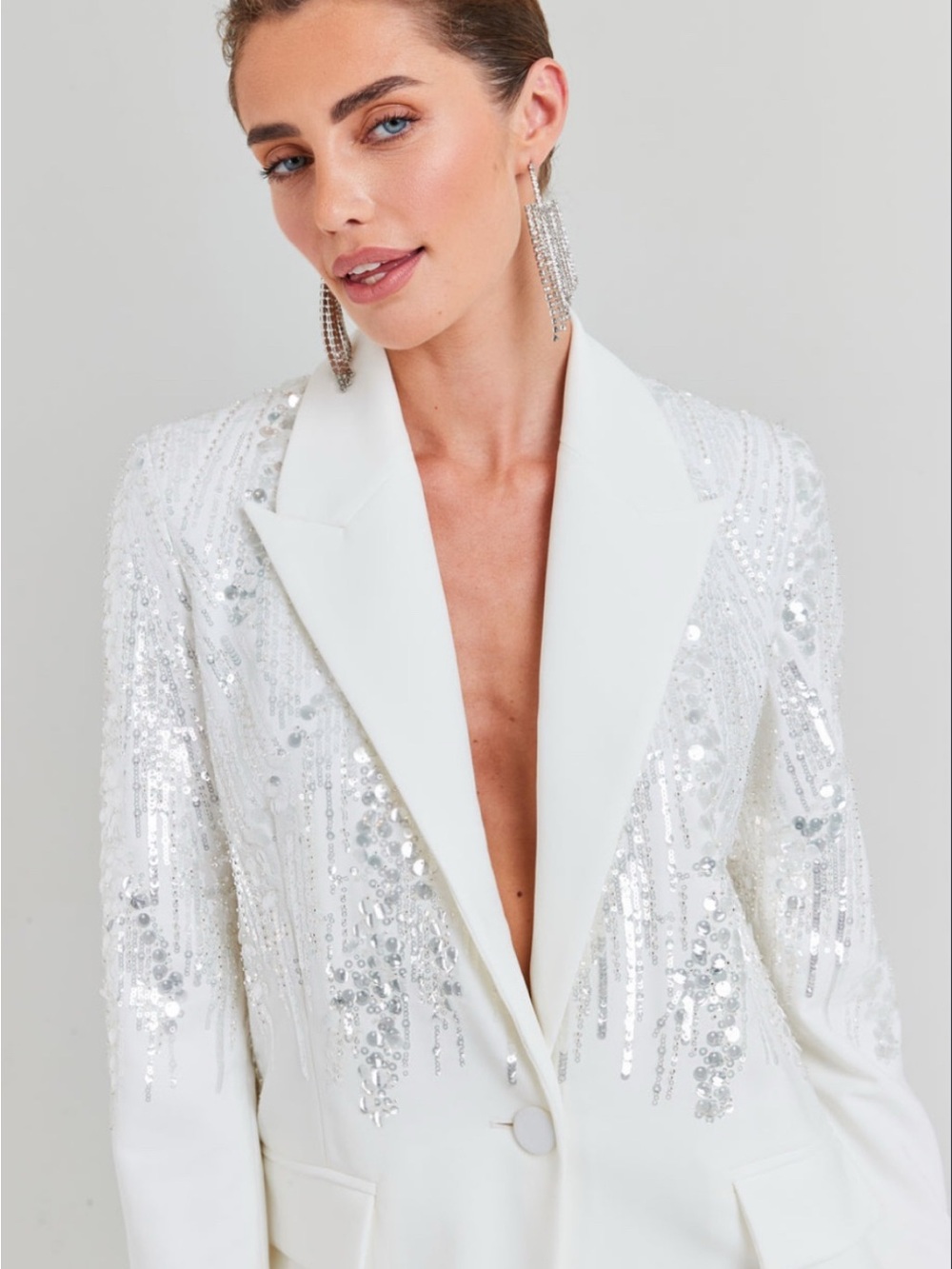 NADINE MERABI White Sequin Embellished Blazer